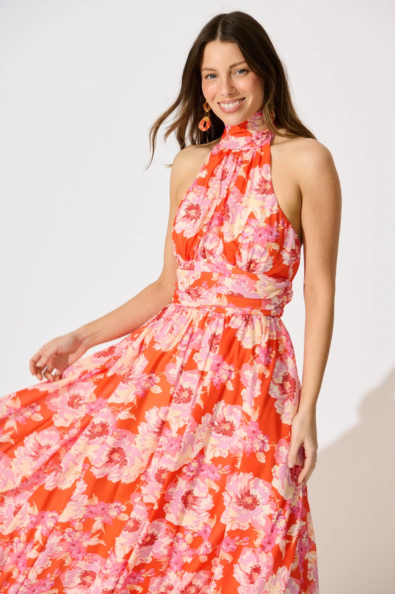 Theodora Halter Neck Maxi Dress In Red Floral Chiffon sold by St Frock product image thumbnail 2