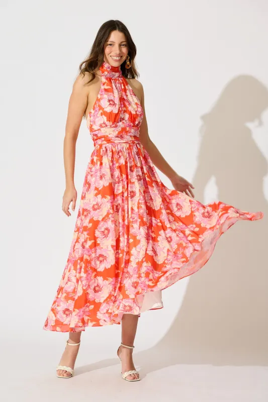 Theodora Halter Neck Maxi Dress In Red Floral Chiffon sold by St Frock
