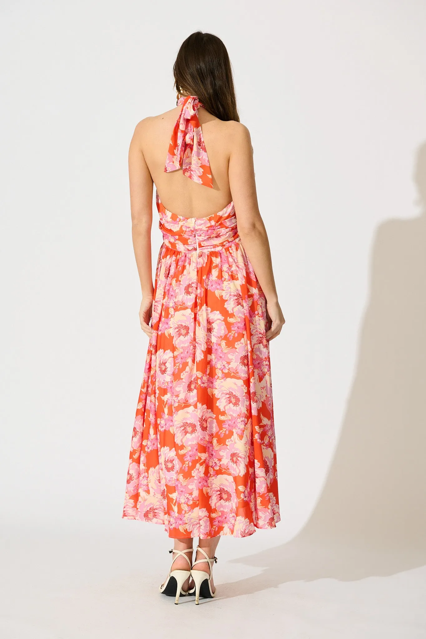 Theodora Halter Neck Maxi Dress In Red Floral Chiffon sold by St Frock product image thumbnail 4
