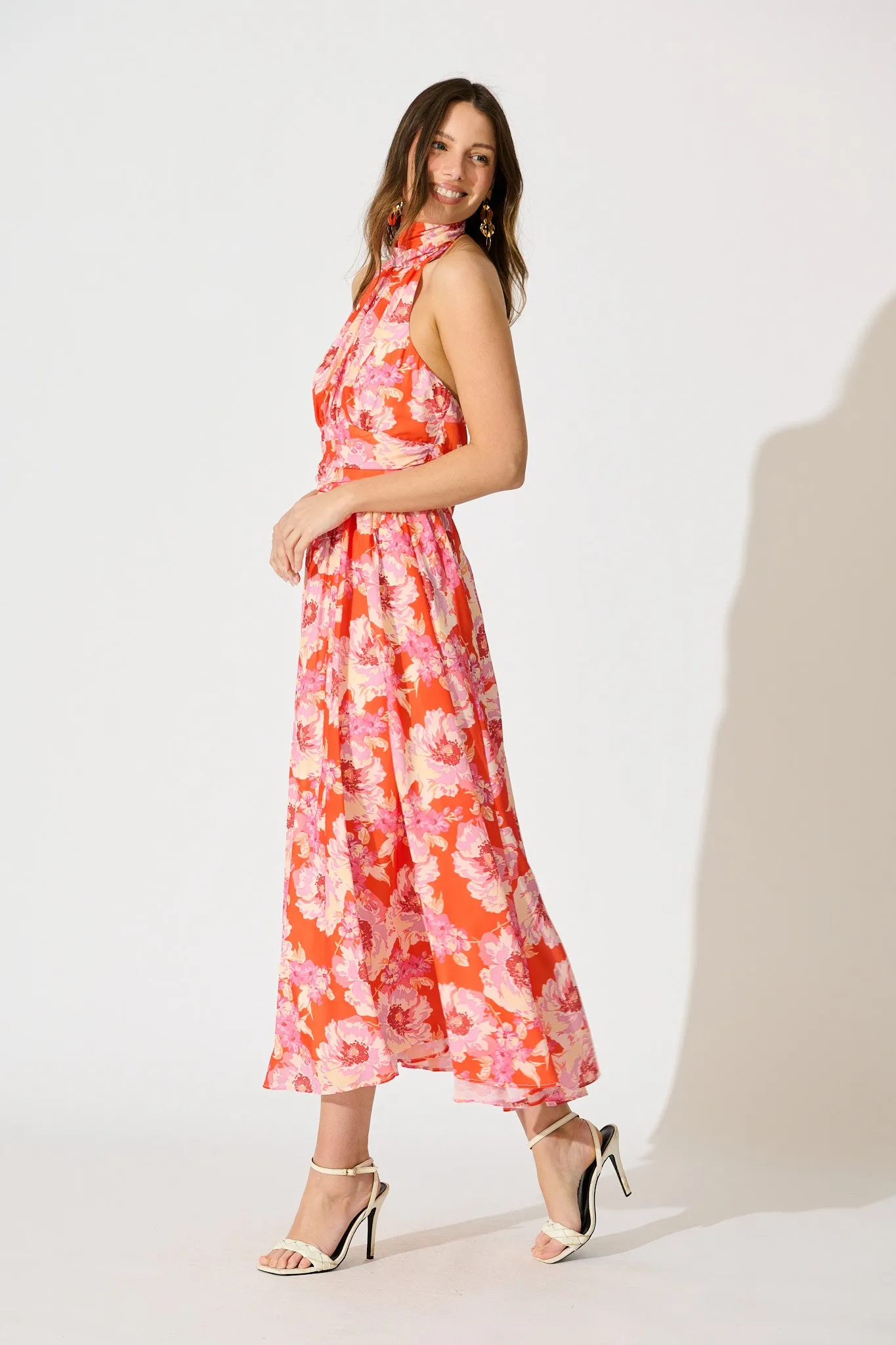 Theodora Halter Neck Maxi Dress In Red Floral Chiffon sold by St Frock product image thumbnail 3