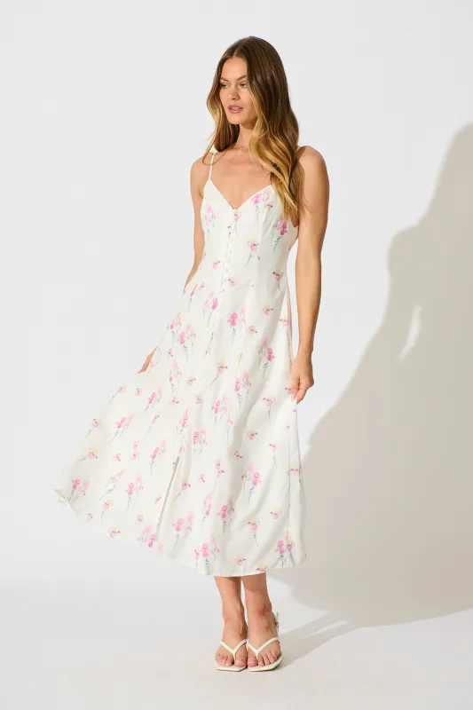 Orlaith Midi Dress in White and Pink Floral Linen Blend sold by St Frock