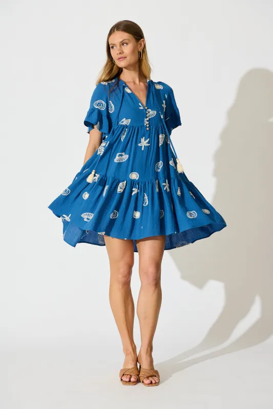 Tahnee Smock Dress in Blue with White Seashell Embroidery sold by St Frock