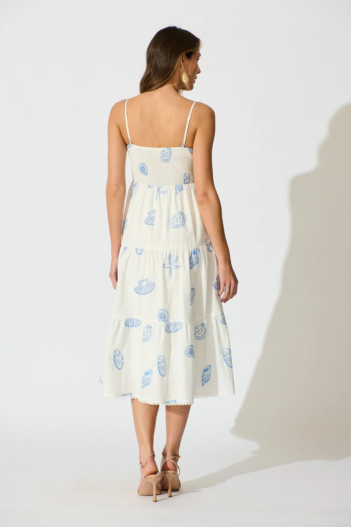 Reef Midi Dress in White with Blue Seashell Embroidery Cotton sold by St Frock product image thumbnail 4