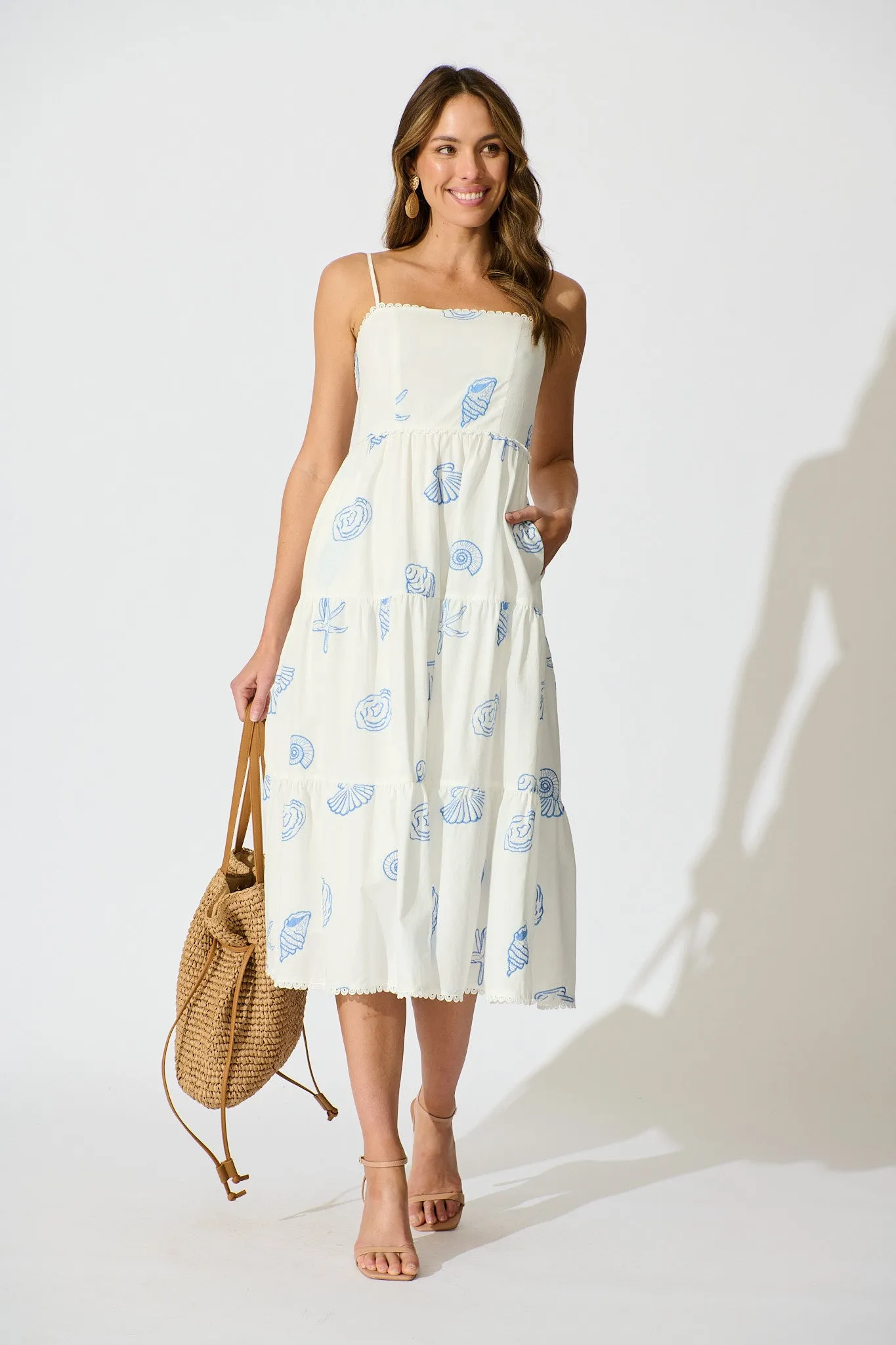 Reef Midi Dress in White with Blue Seashell Embroidery Cotton sold by St Frock