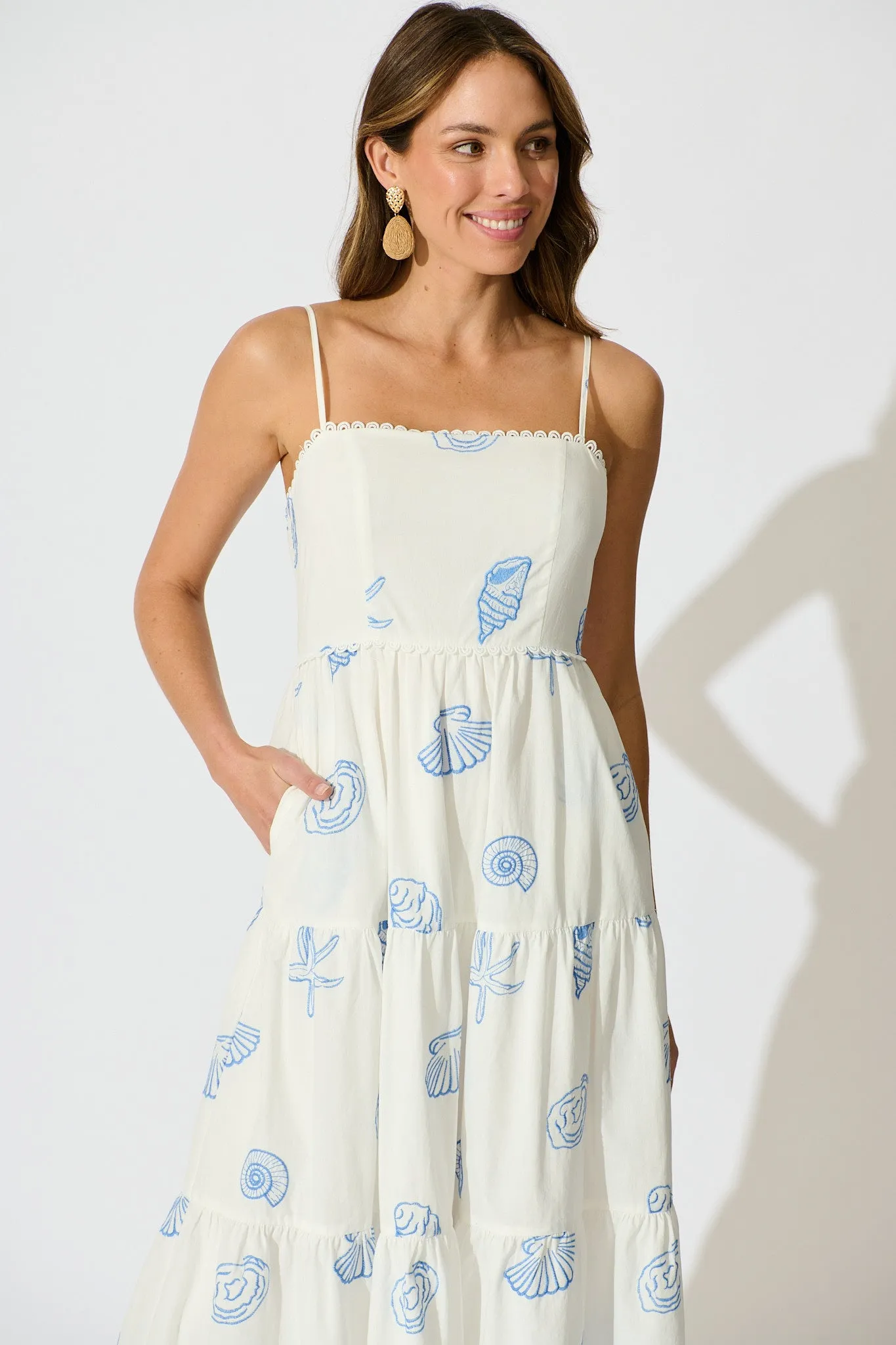 Reef Midi Dress in White with Blue Seashell Embroidery Cotton sold by St Frock product image thumbnail 2