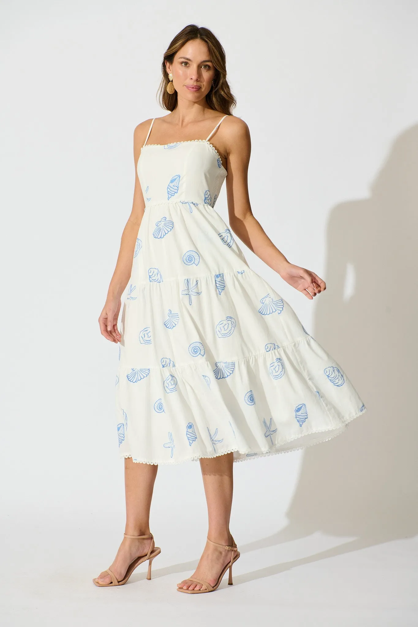 Reef Midi Dress in White with Blue Seashell Embroidery Cotton sold by St Frock product image thumbnail 3