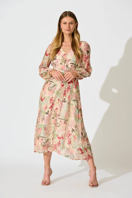 Mirea Maxi Dress in Beige with Multi Floral Print sold by St Frock