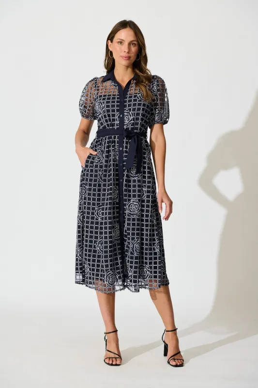 Almada Midi Shirt Dress in Navy Organza Floral sold by St Frock