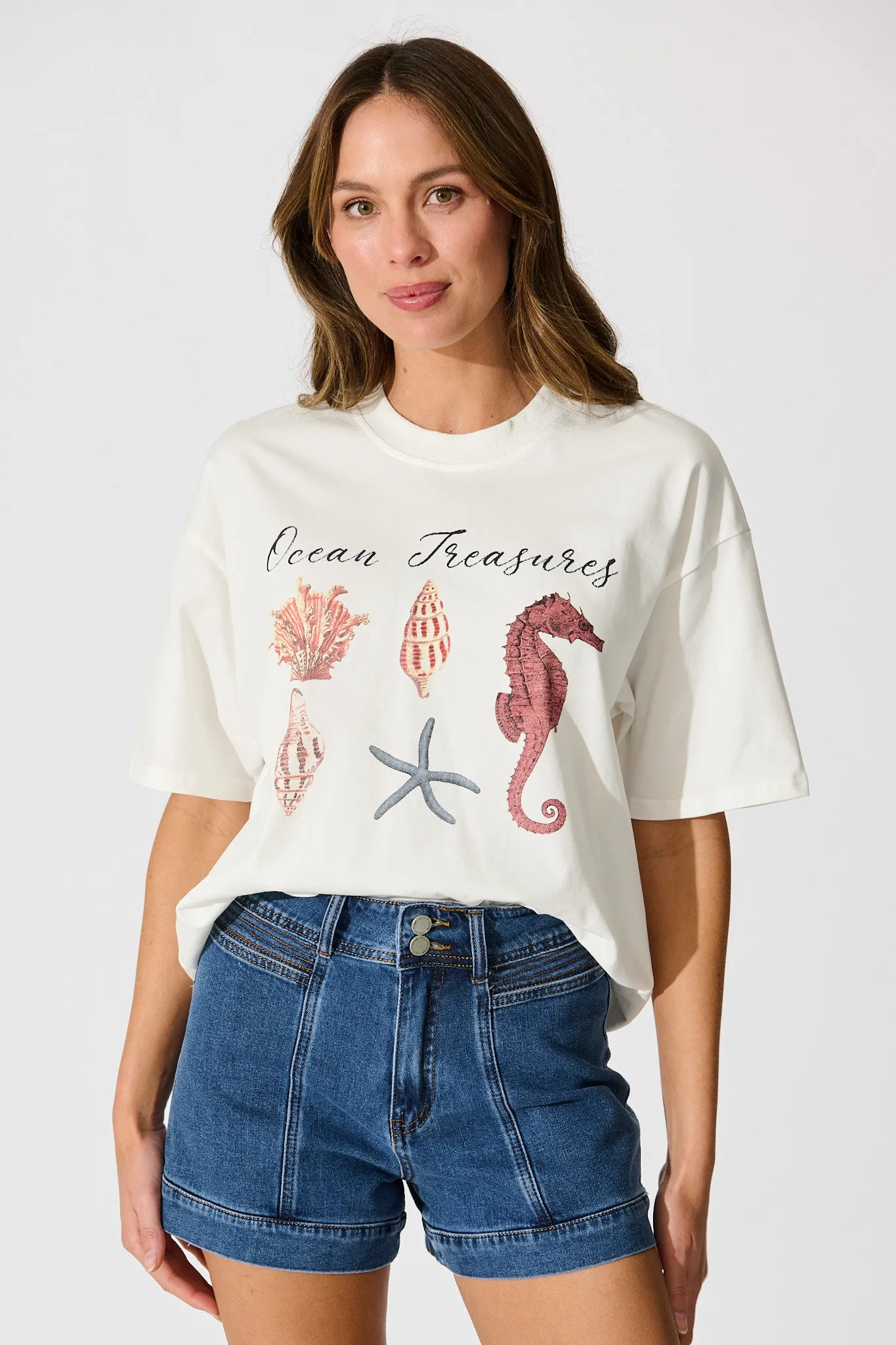 Sea Lover T Shirt in White with Multi Seashell Cotton sold by St Frock