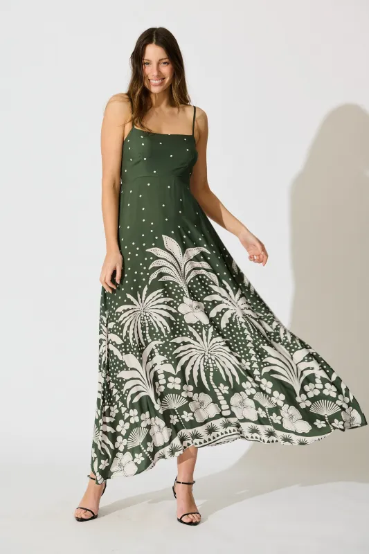 Yetta Maxi Sundress in Emerald with White Palm Print sold by St Frock