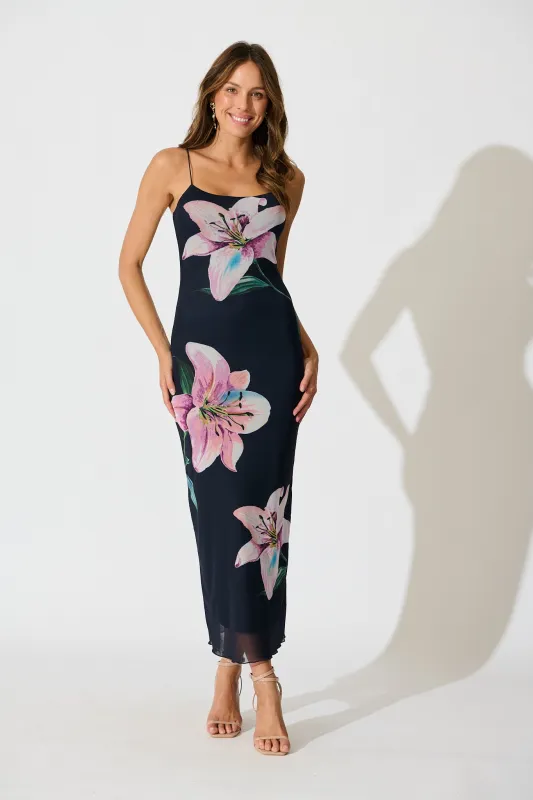 Ravenna Midi Dress in Navy with Lilac Floral sold by St Frock