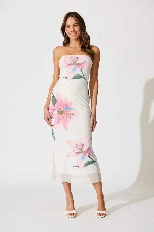 Elowen Midi Dress in White with Lilac Floral sold by St Frock