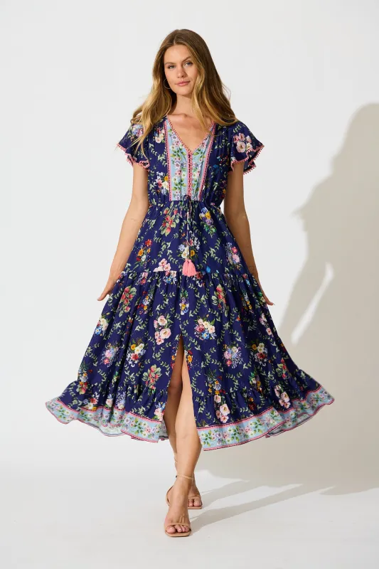 Alice Maxi Dress in Navy with Multi Floral Boho Print sold by St Frock