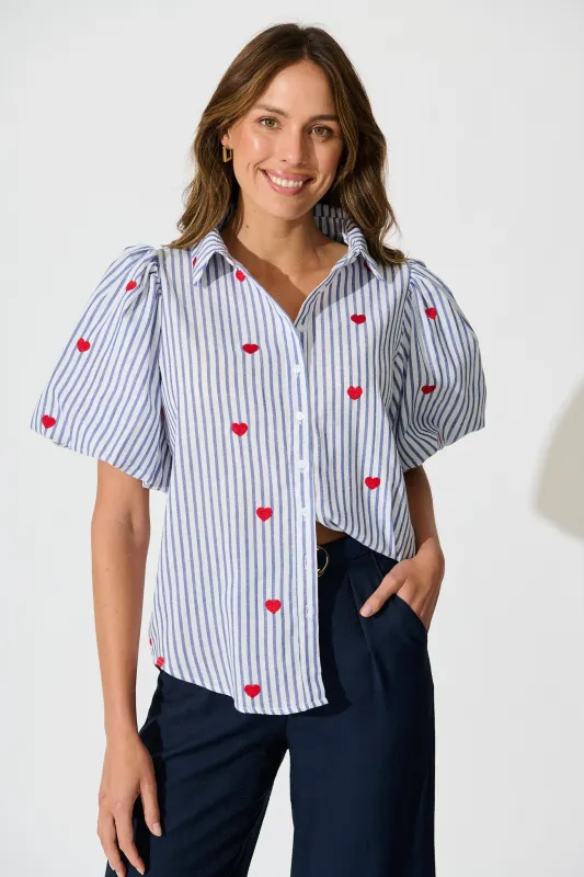 Heart & Thread Shirt in Blue Stripe and Heart Embroidered sold by St Frock