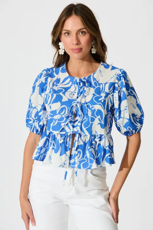 Elsbeth Tie Front Top in Blue and White Floral Cotton sold by St Frock
