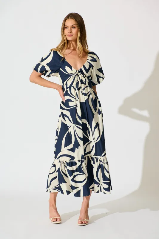 Mirna Maxi Dress in Navy with Cream Leaf Print Cotton sold by St Frock