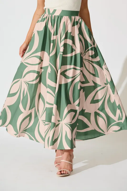Jumana Maxi Skirt in Green with Pink Leaf Print Cotton sold by St Frock