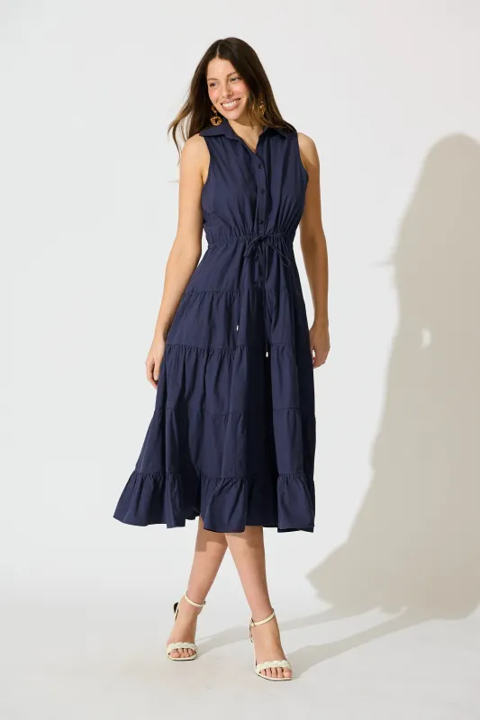 Vrinda Midi Dress in Navy Cotton sold by St Frock