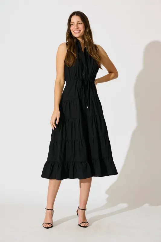 Vrinda Midi Dress in Black Cotton sold by St Frock