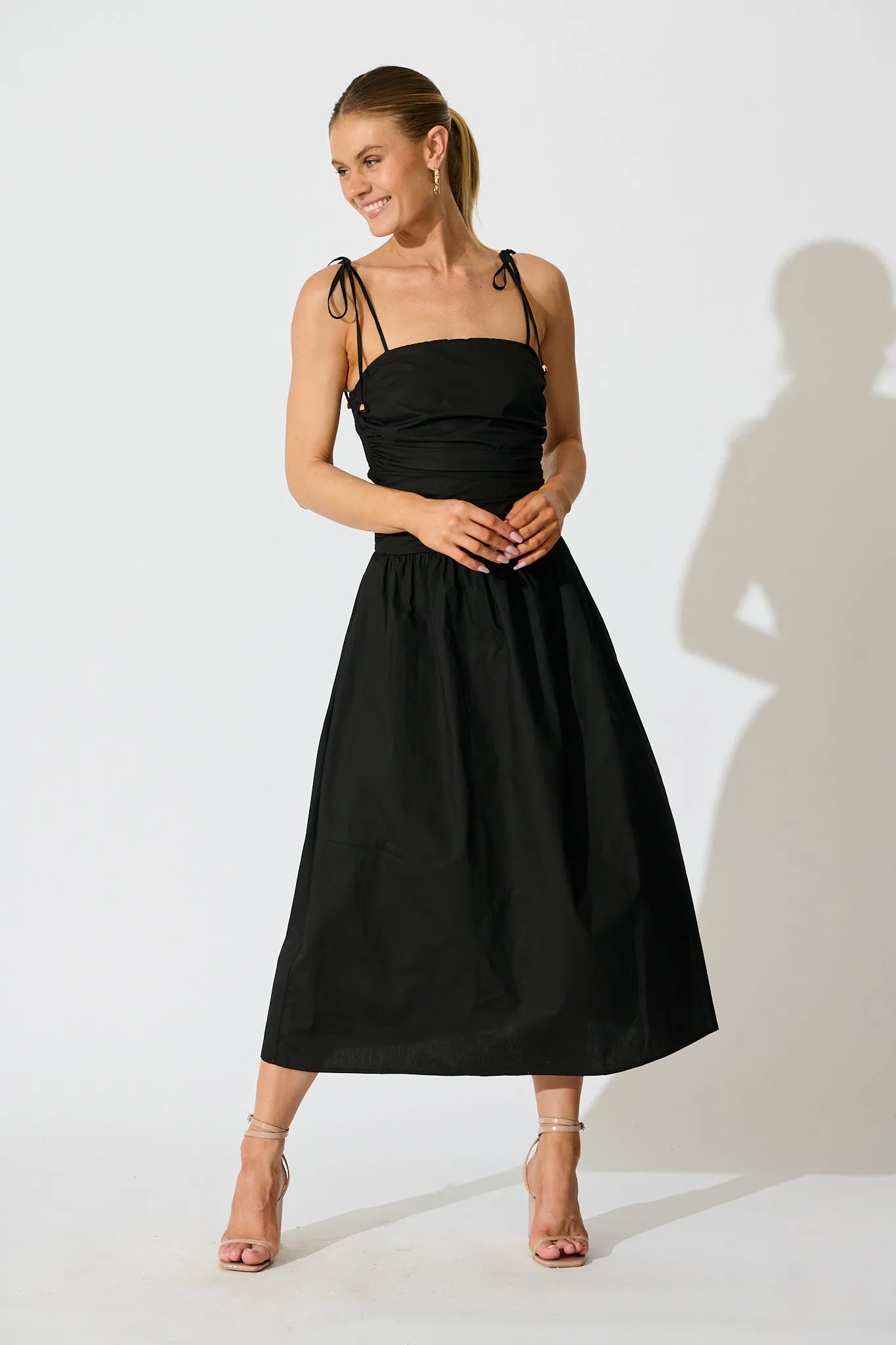 Avenly Midi Dress in Black Cotton sold by St Frock