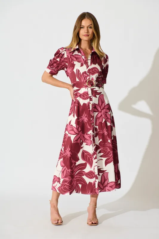 Trinity Maxi Shirt Dress in Red Floral Satin sold by St Frock
