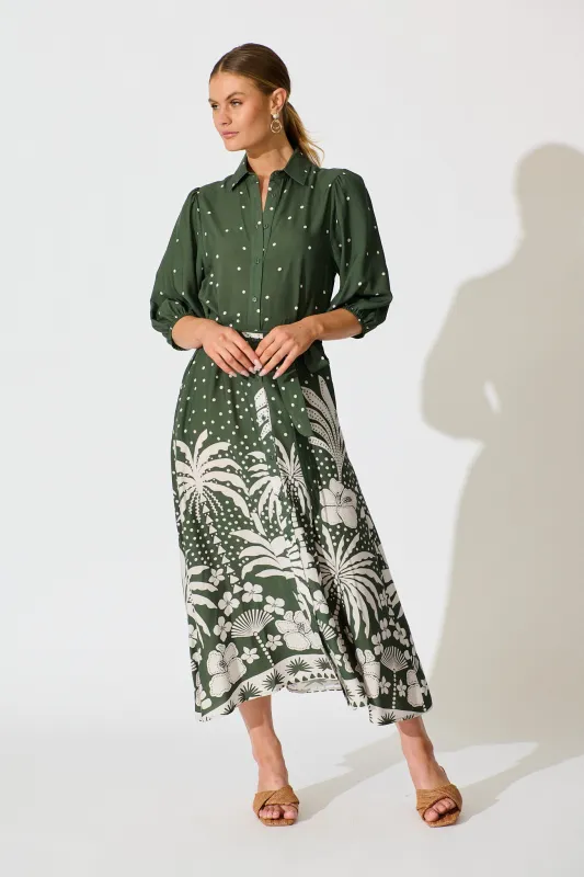 Coco Maxi Shirt Dress in Emerald with White Palm Print sold by St Frock