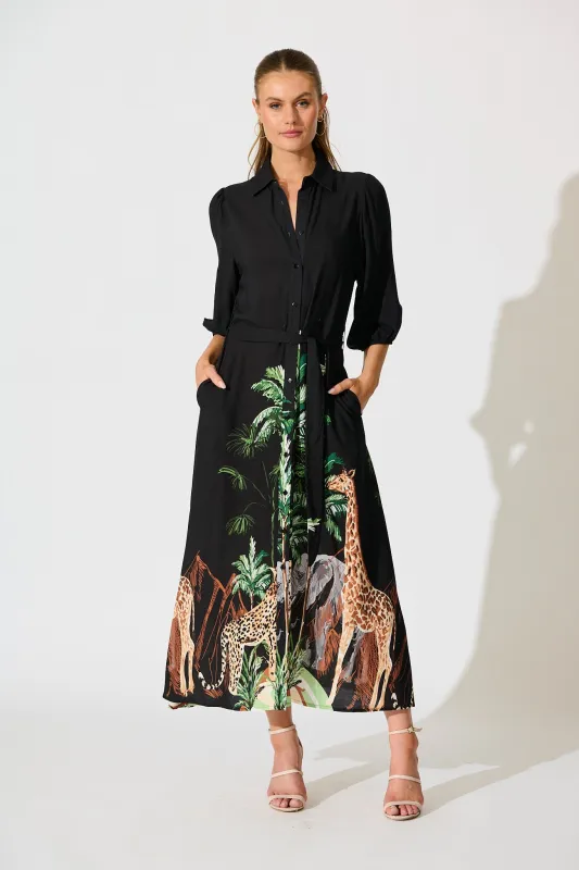 Coco Maxi Shirt Dress in Black Print sold by St Frock