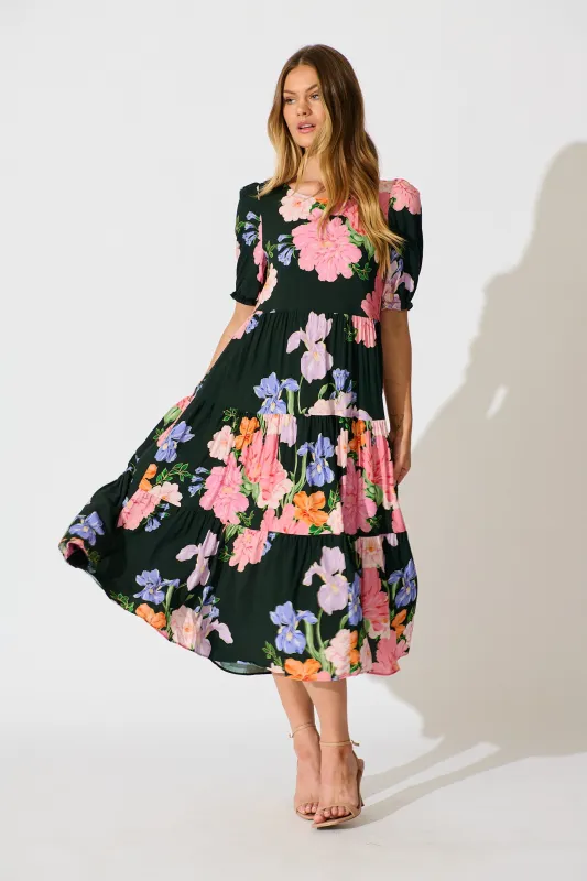 Nevi Tiered Midi Dress in Green Multi Floral sold by St Frock