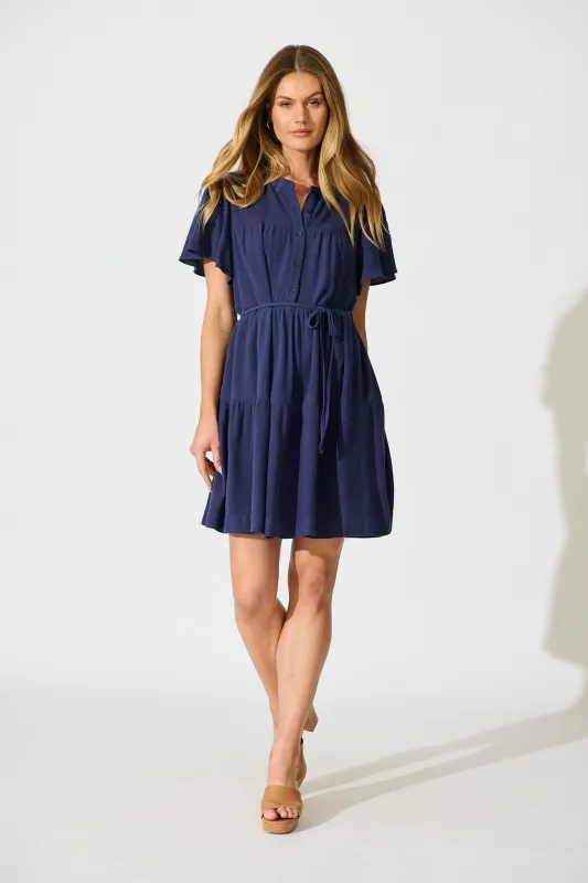 Rosemary Smock Dress in Navy Linen Blend sold by St Frock