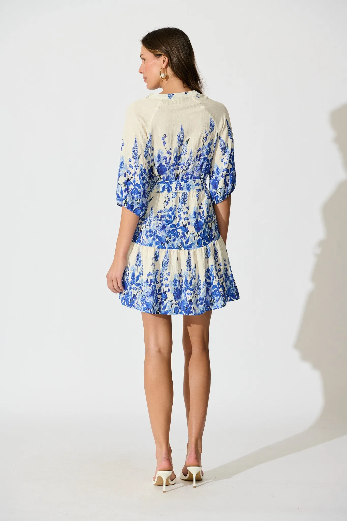 Jianna Dress in White with Blue Floral Linen Blend sold by St Frock product image thumbnail 4