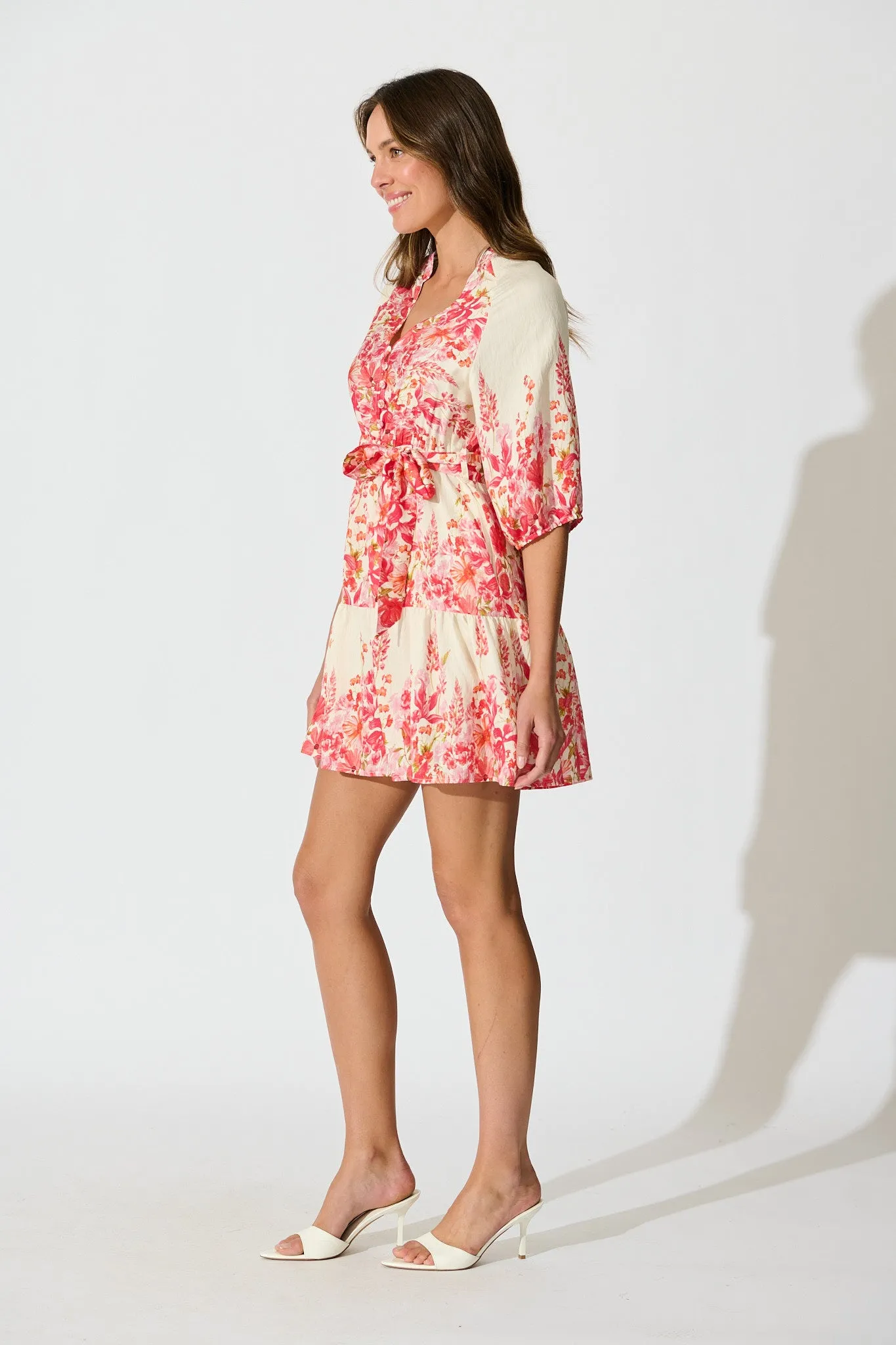 Jianna Dress in White with Pink Floral Linen Blend sold by St Frock product image thumbnail 3