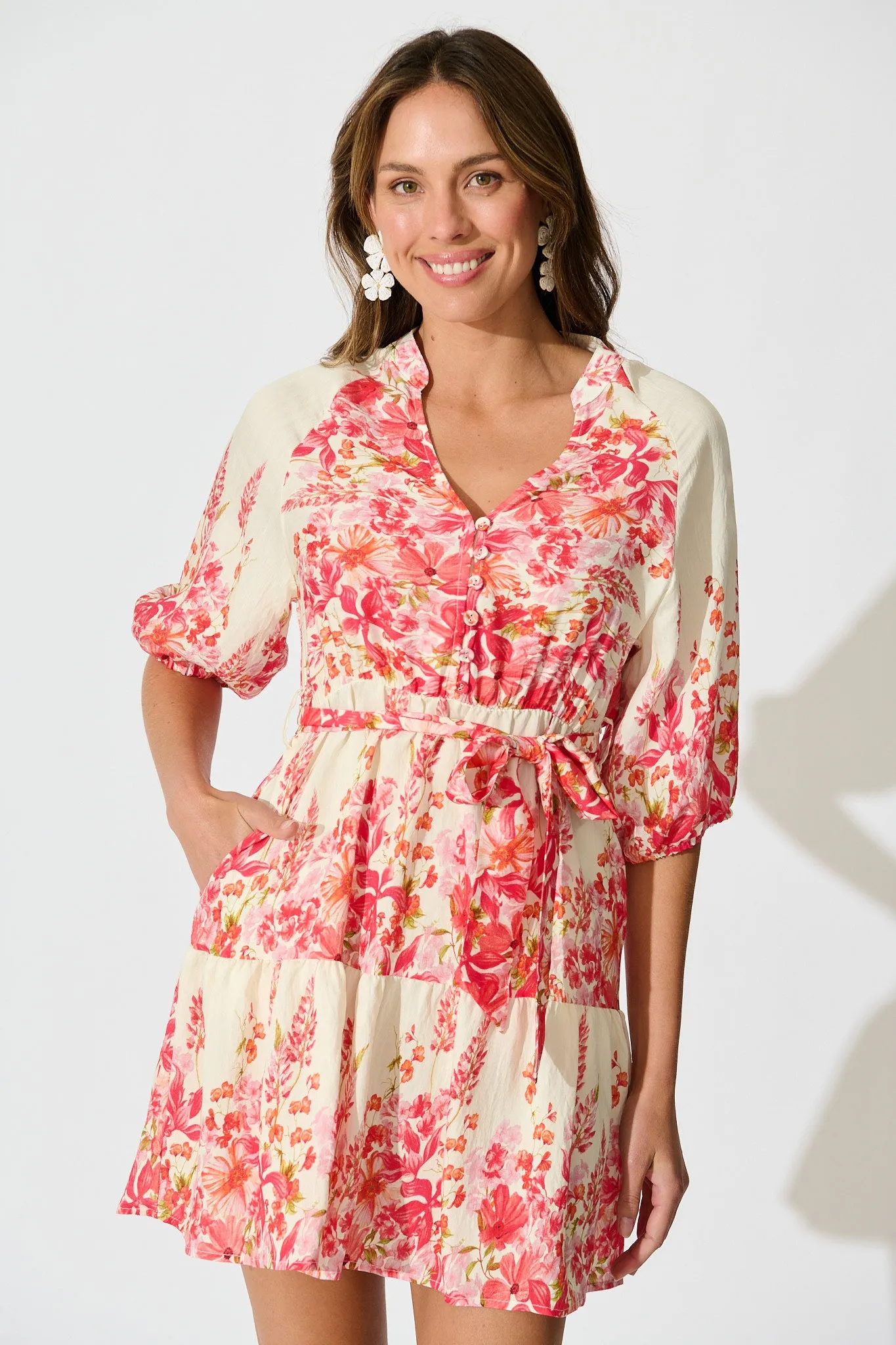 Jianna Dress in White with Pink Floral Linen Blend sold by St Frock product image thumbnail 2