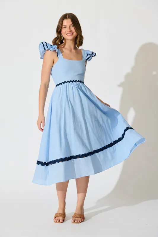 Miami Midi Dress In Pale Blue With Navy Ric Rac Cotton sold by St Frock
