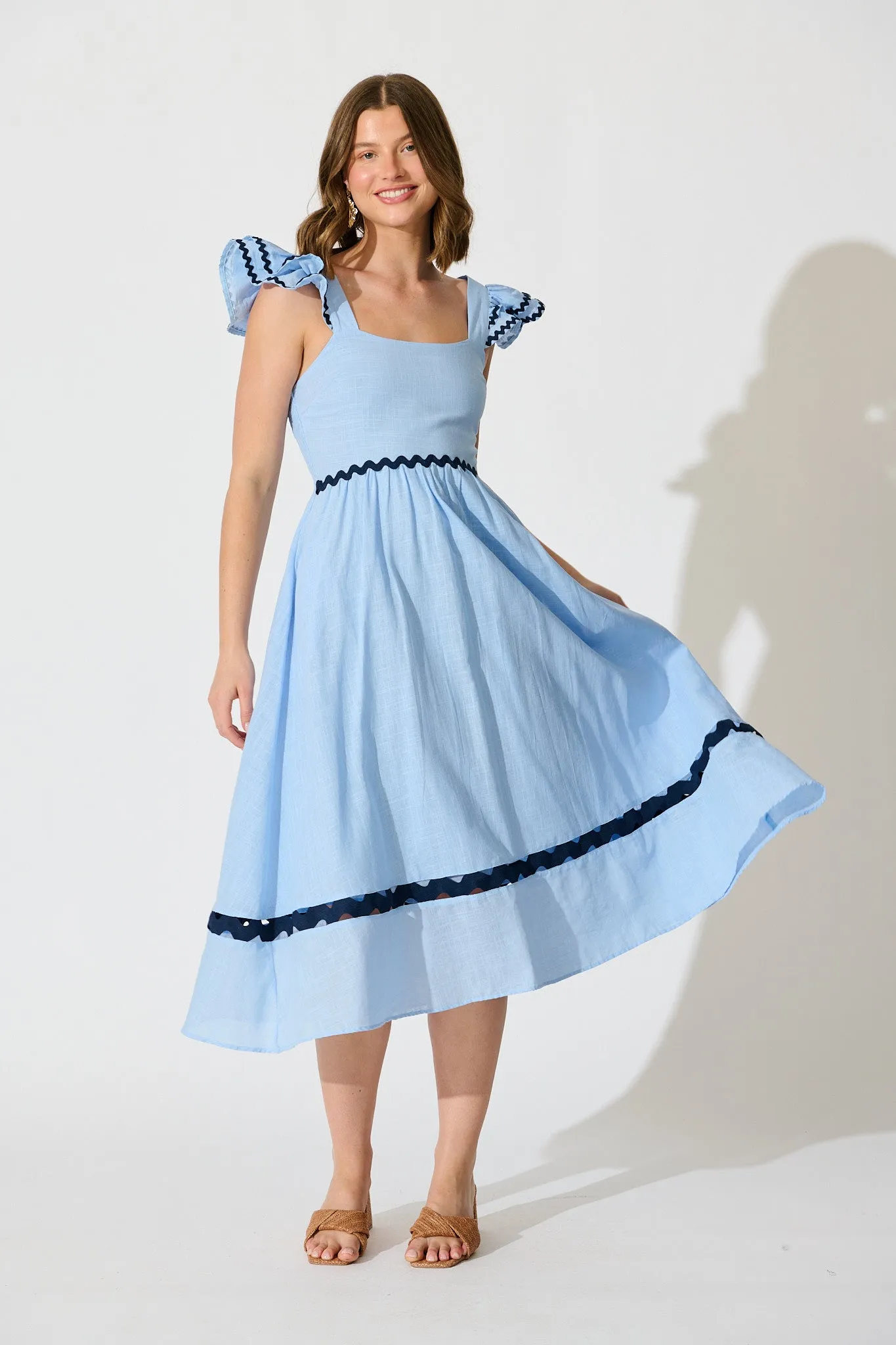 Miami Midi Dress In Pale Blue With Navy Ric Rac Cotton sold by St Frock