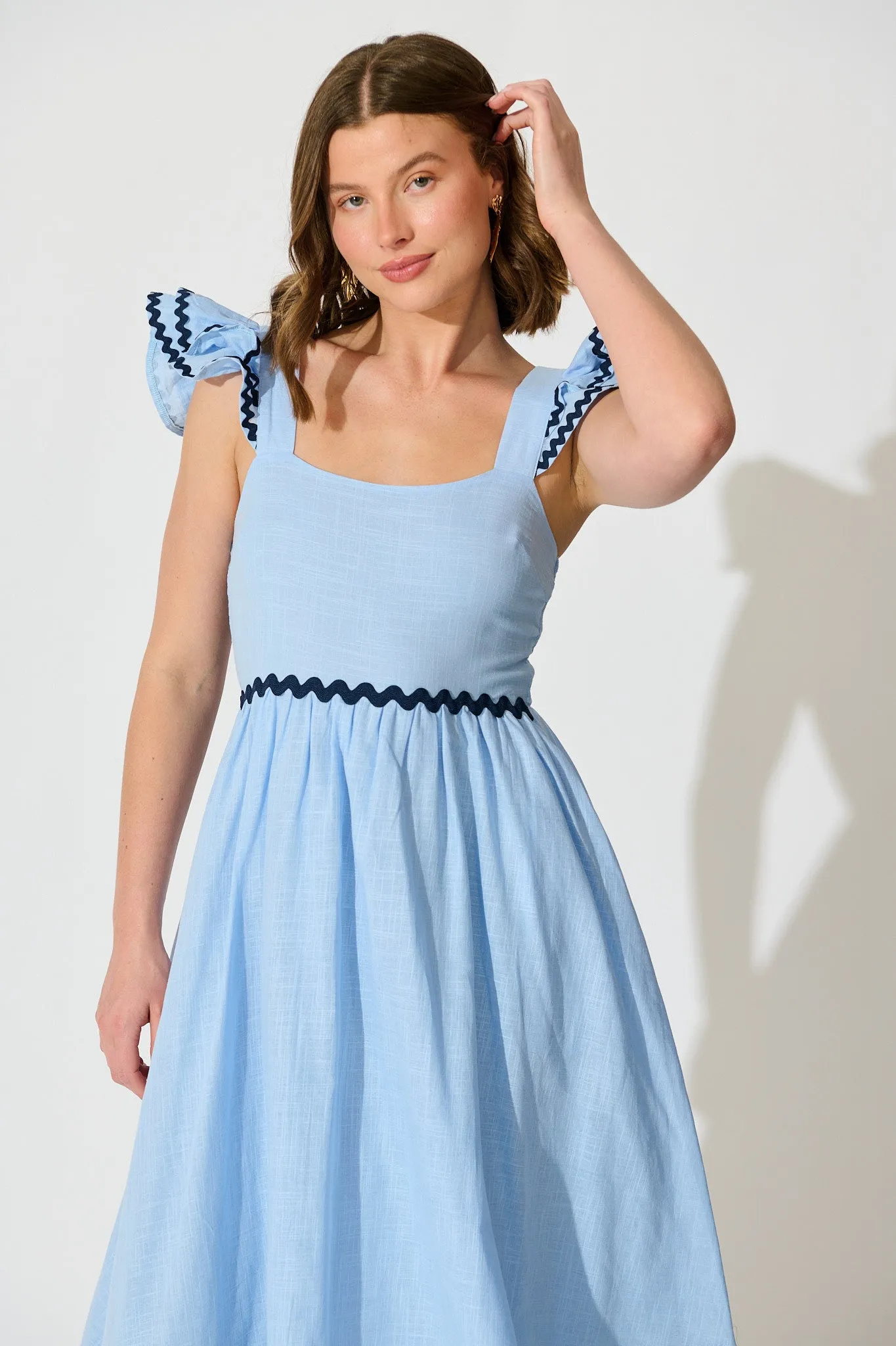 Miami Midi Dress In Pale Blue With Navy Ric Rac Cotton sold by St Frock product image thumbnail 2