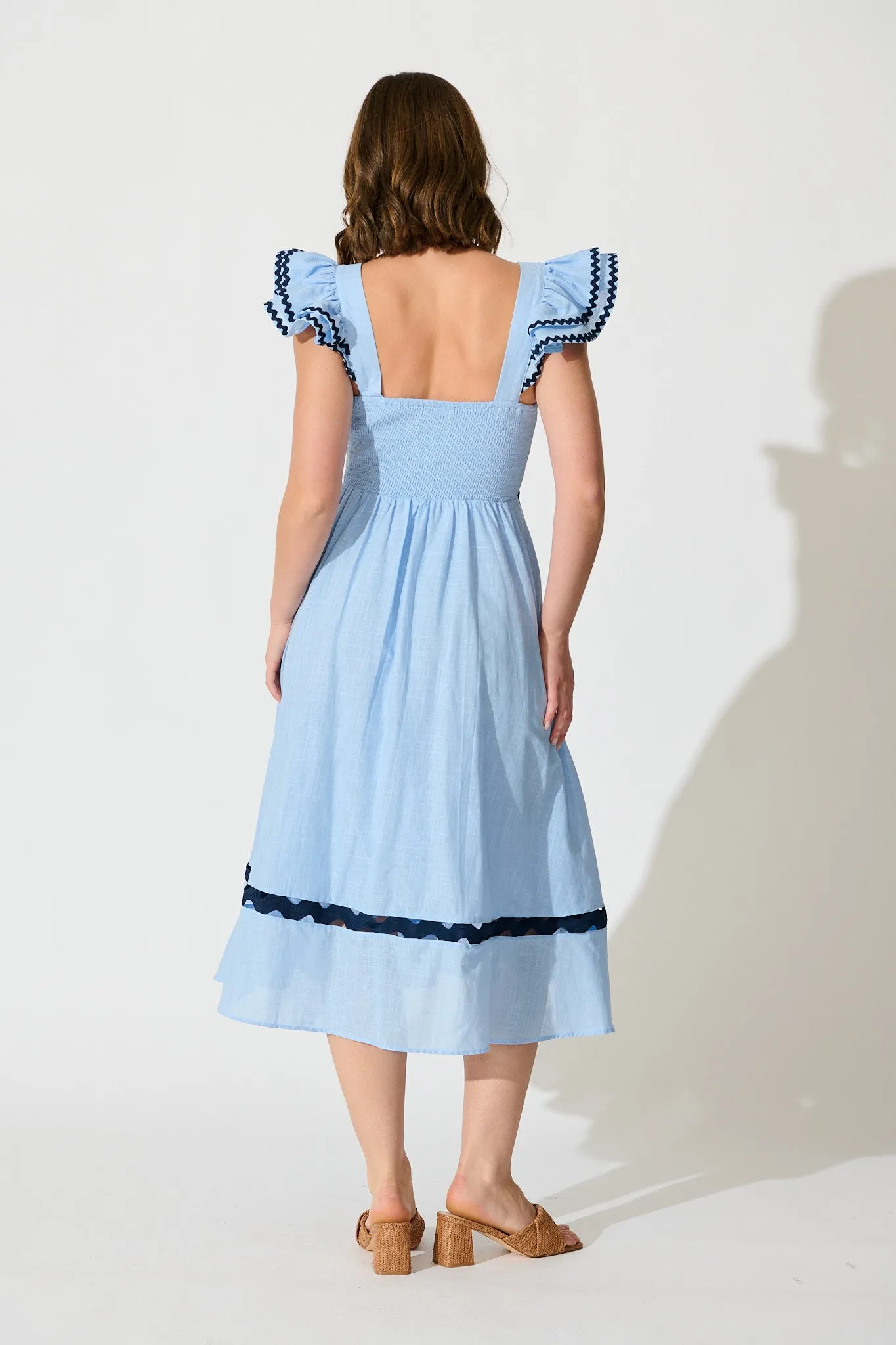 Miami Midi Dress In Pale Blue With Navy Ric Rac Cotton sold by St Frock product image thumbnail 4