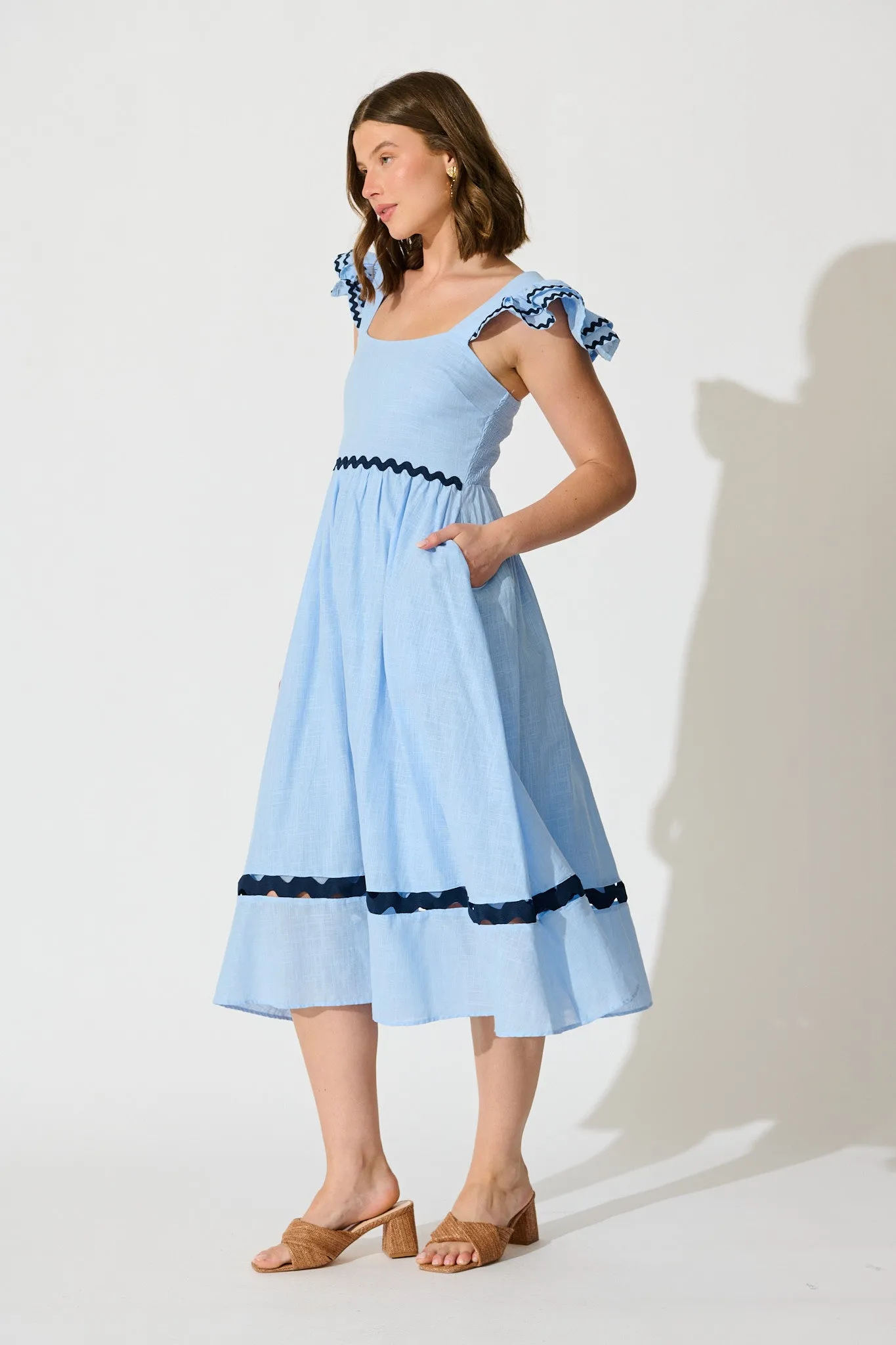 Miami Midi Dress In Pale Blue With Navy Ric Rac Cotton sold by St Frock product image thumbnail 3