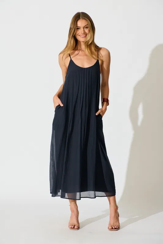 Breeze Maxi Sundress in Pleated Navy Cotton Blend sold by St Frock