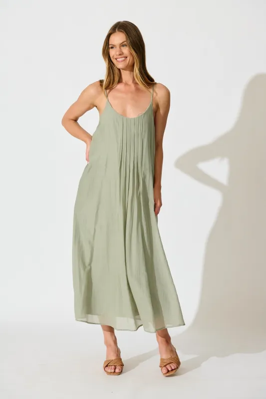 Breeze Maxi Sundress in Pleated Sage Cotton Blend sold by St Frock