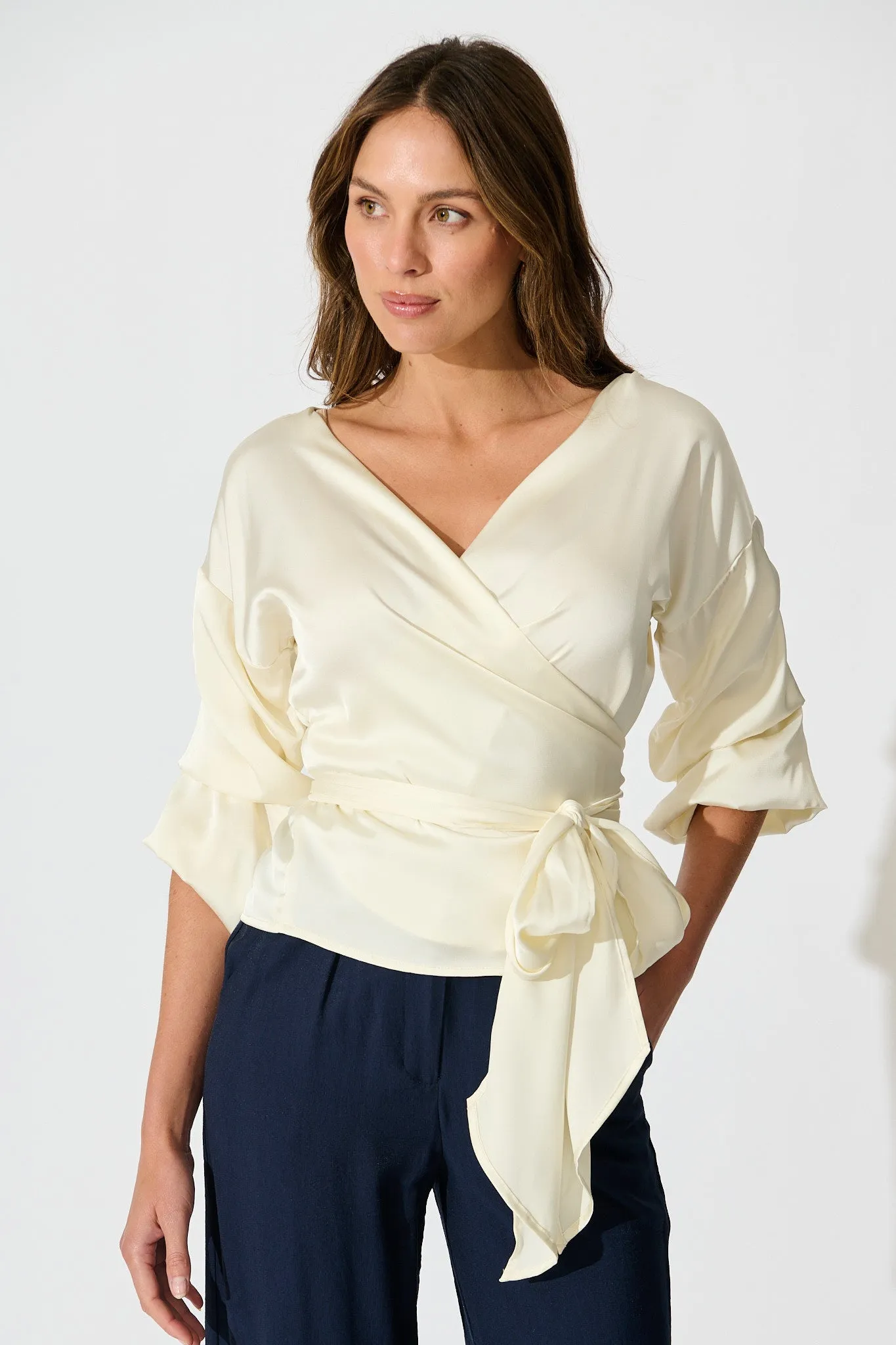 Satin Luxe Wrap Top in Ivory sold by St Frock
