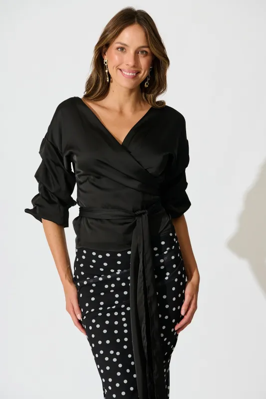 Satin Luxe Wrap Top in Black sold by St Frock