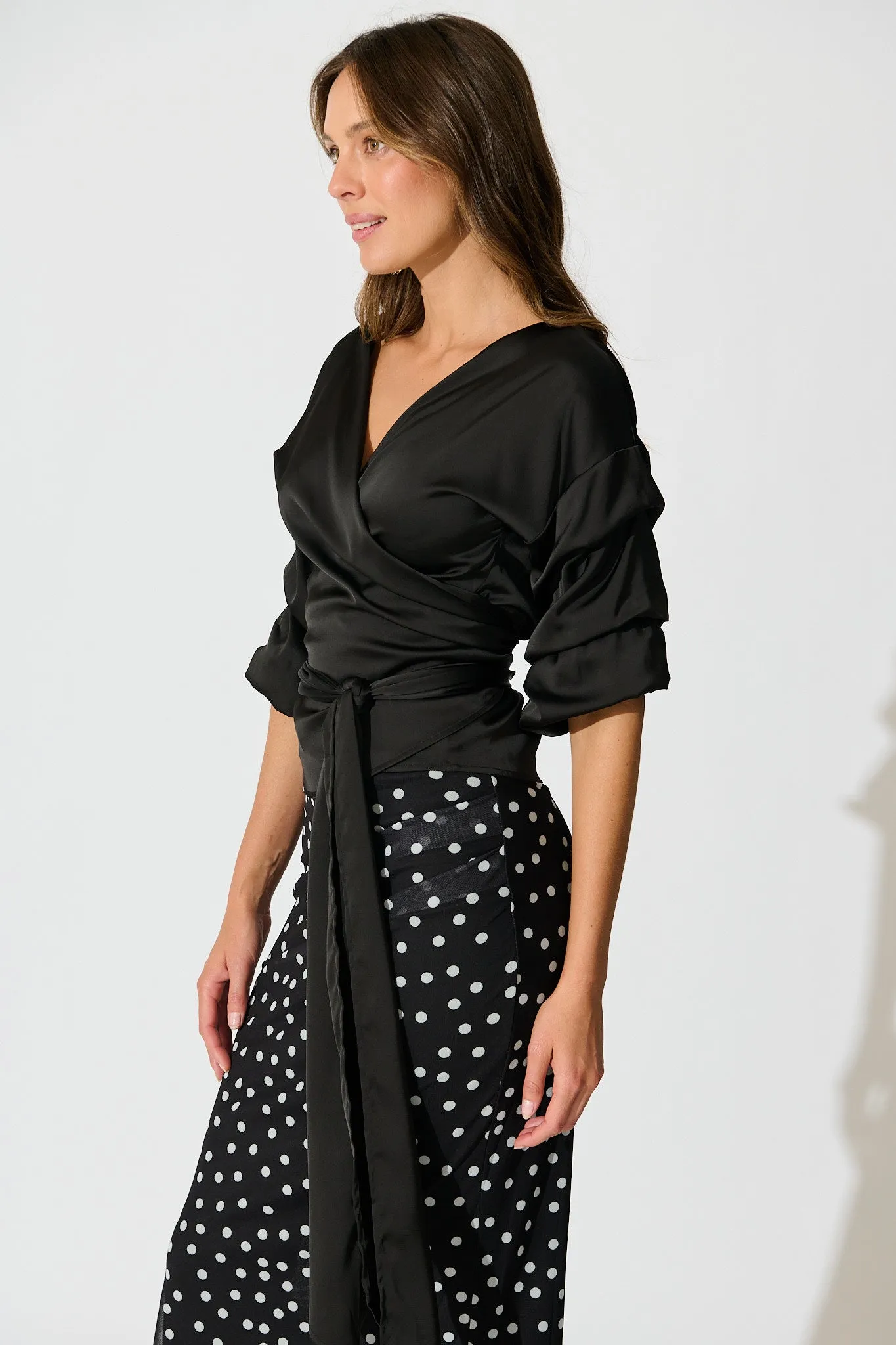 Satin Luxe Wrap Top in Black sold by St Frock product image thumbnail 2