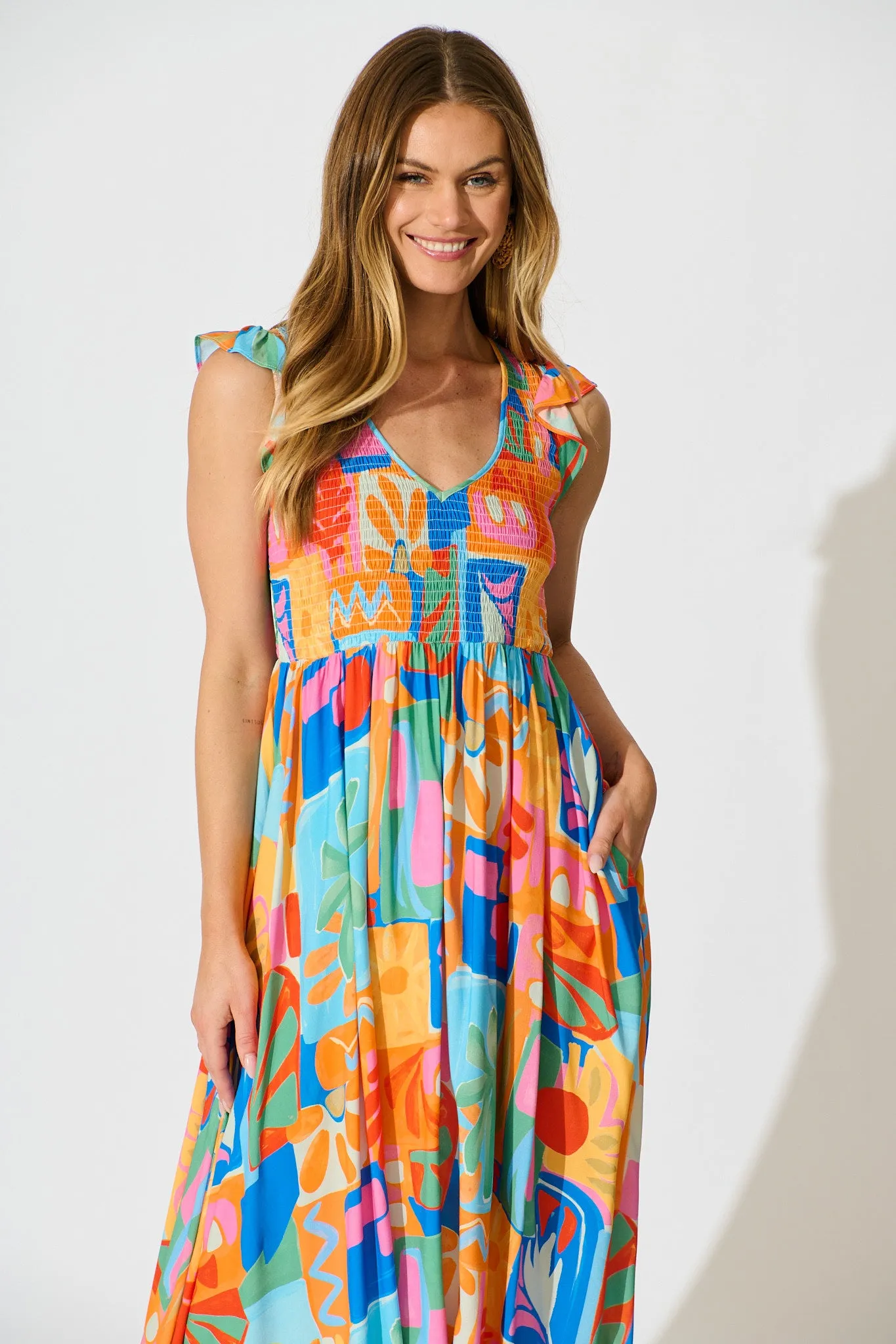 Tropical Mosaic Maxi Dress in Bright Multi Patchwork Print sold by St Frock product image thumbnail 2