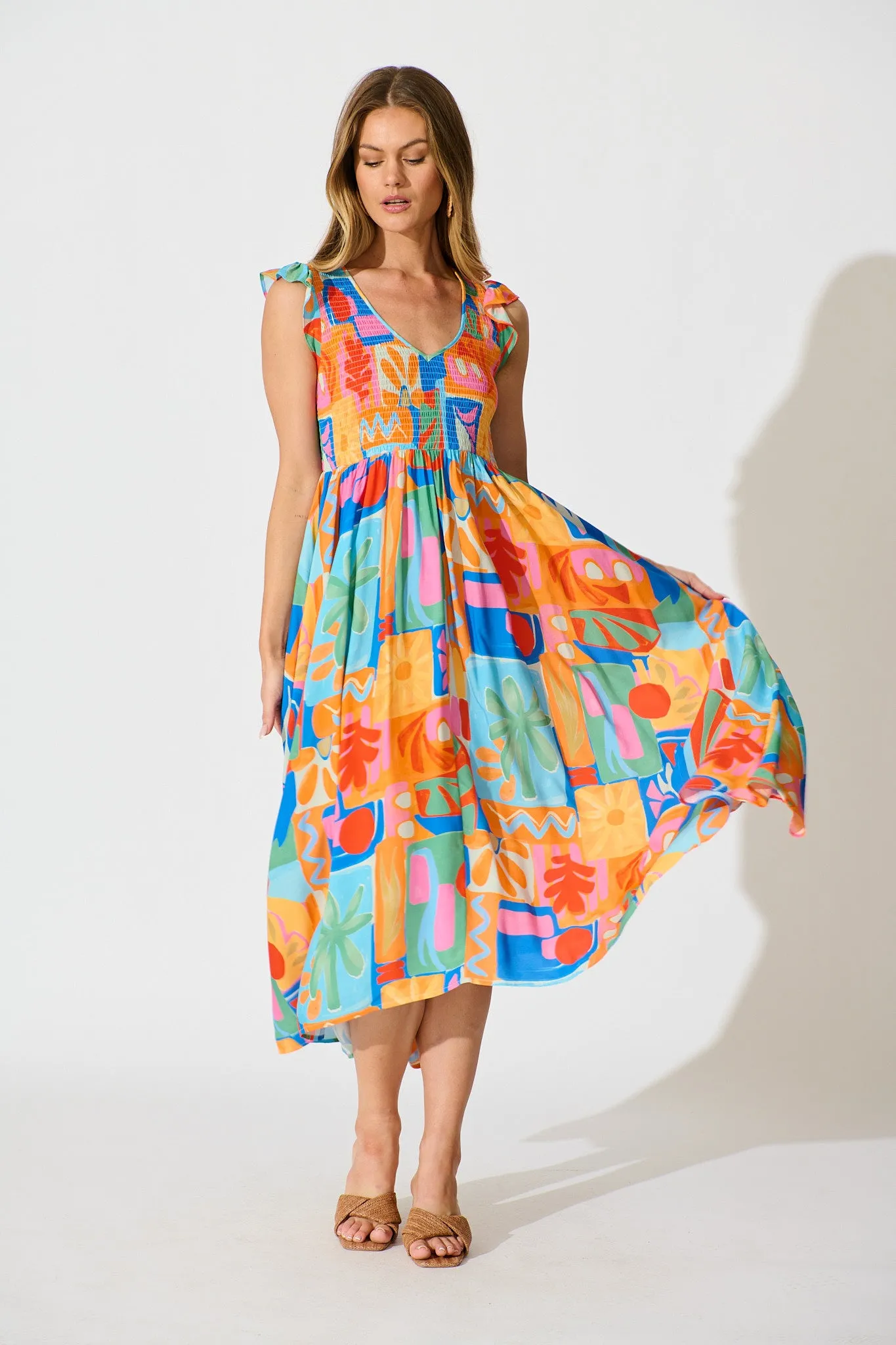 Tropical Mosaic Maxi Dress in Bright Multi Patchwork Print sold by St Frock
