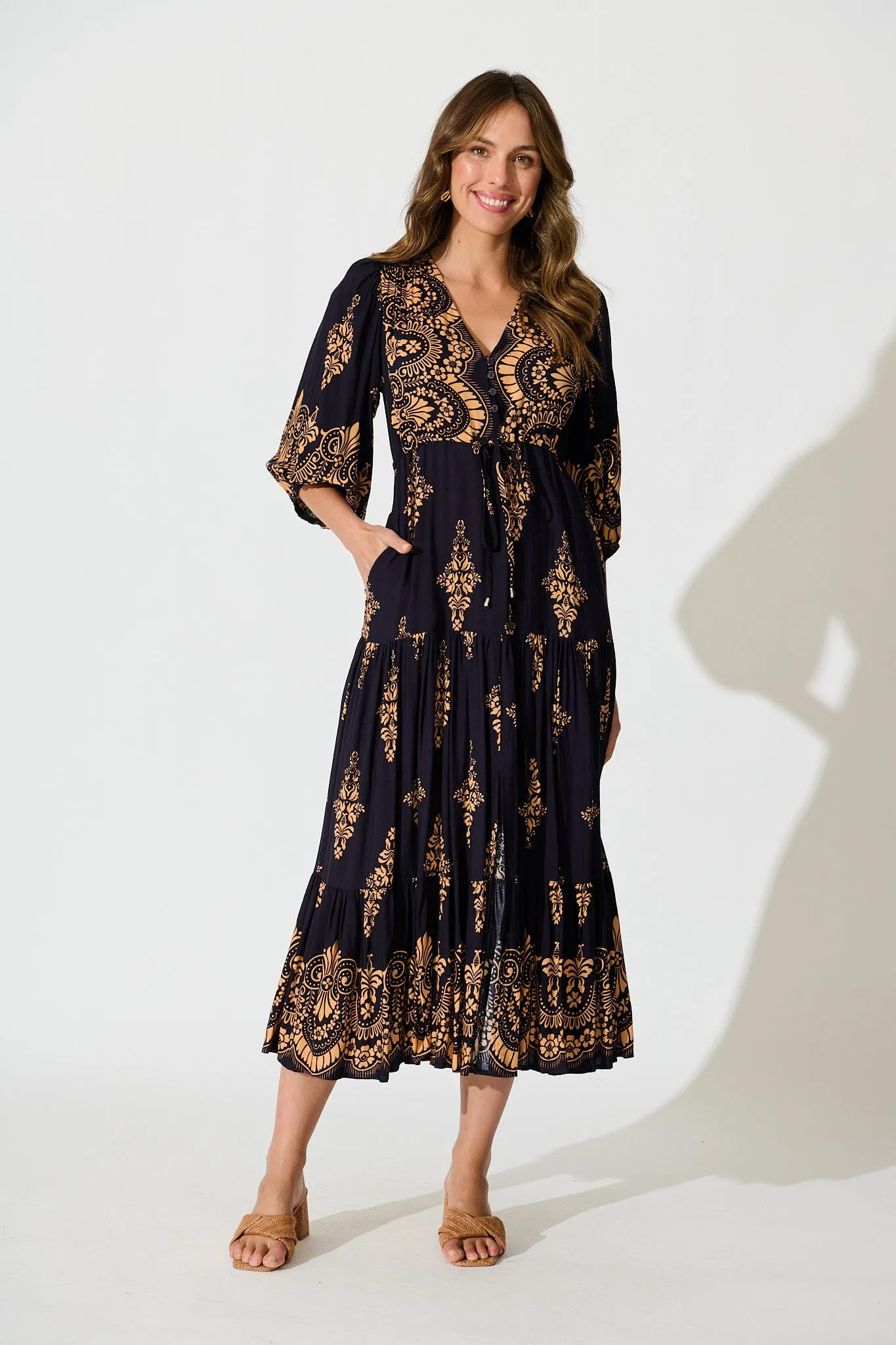 Carwen Maxi Dress in Navy with Tan Boho sold by St Frock