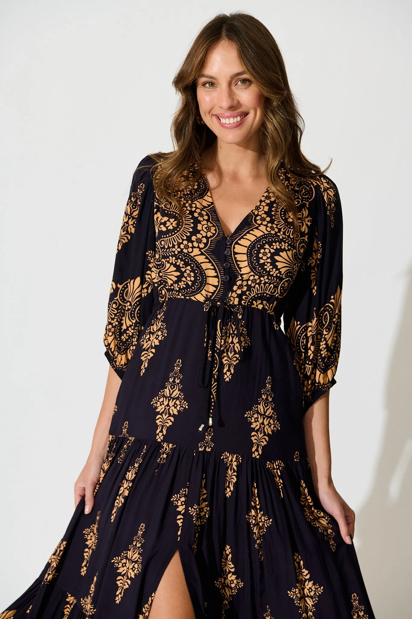 Carwen Maxi Dress in Navy with Tan Boho sold by St Frock product image thumbnail 2