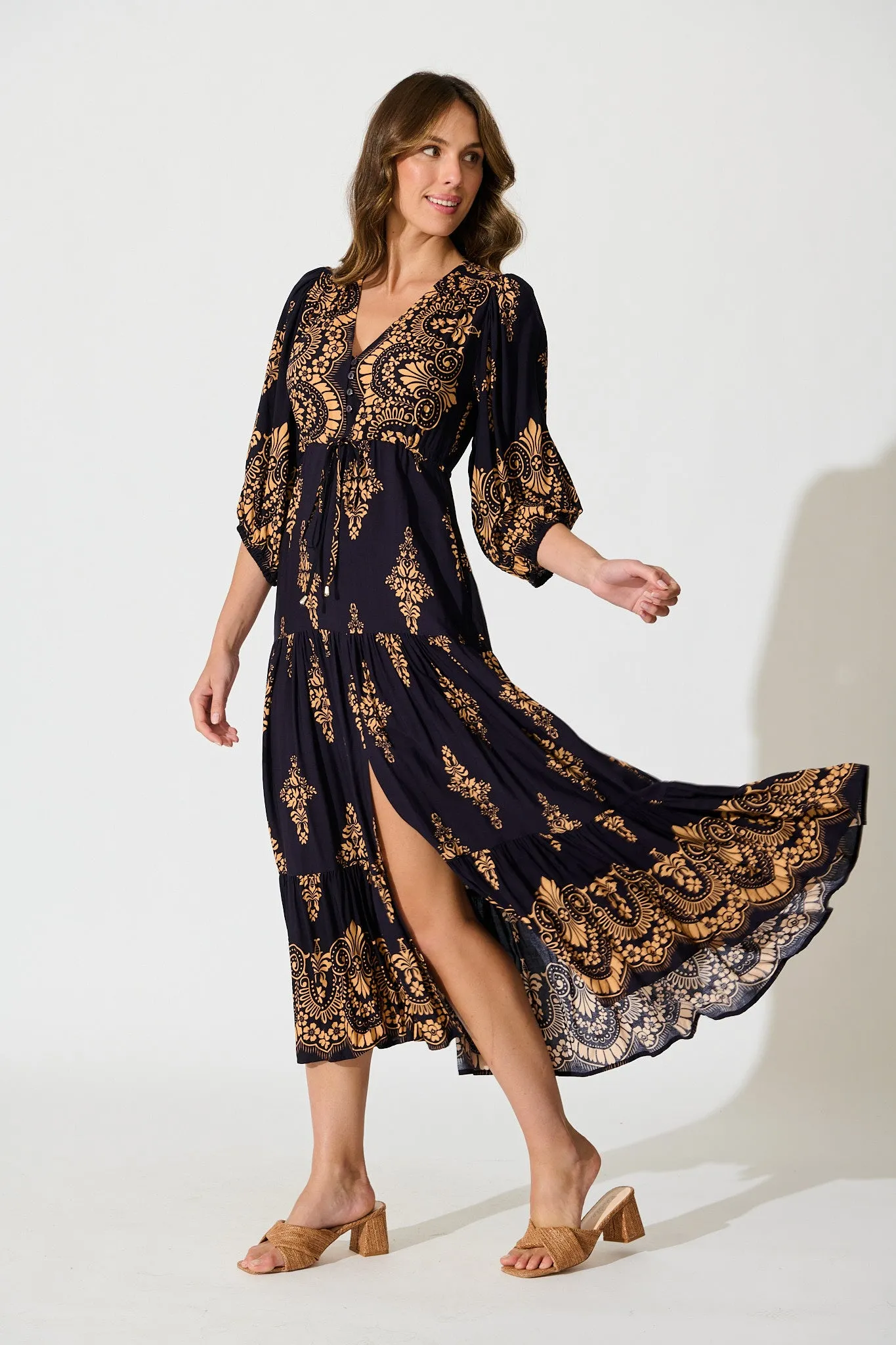 Carwen Maxi Dress in Navy with Tan Boho sold by St Frock product image thumbnail 3