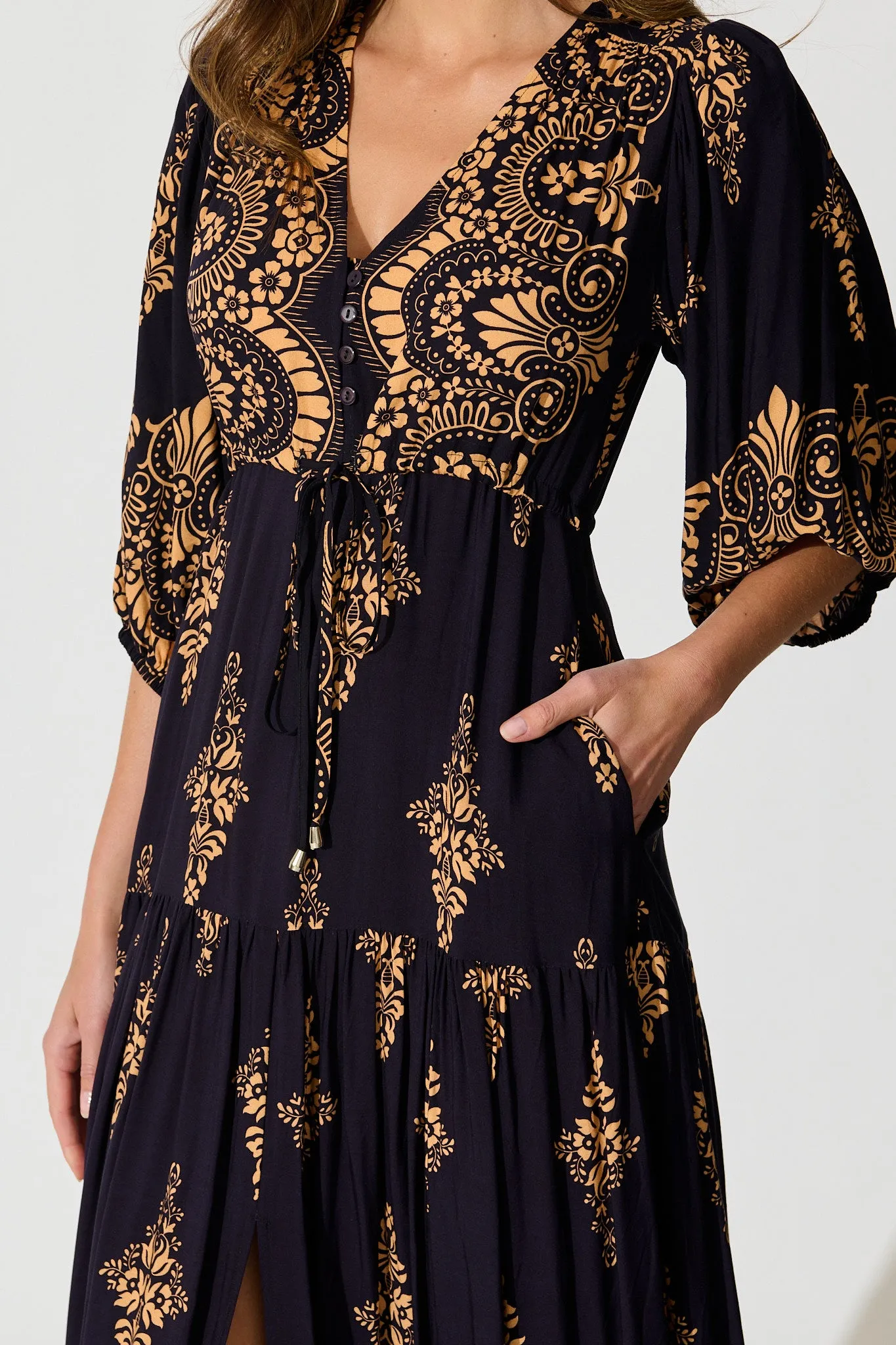 Carwen Maxi Dress in Navy with Tan Boho sold by St Frock product image thumbnail 5