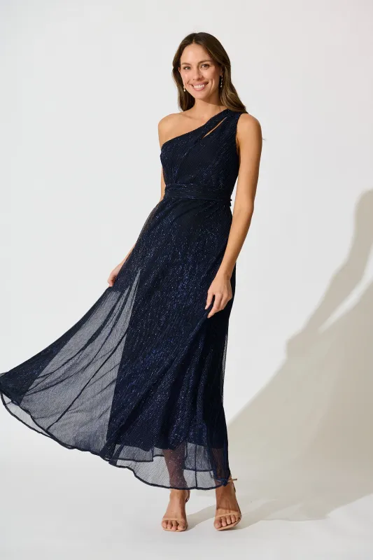Dazzling One shoulder Maxi Dress in Navy Lurex sold by St Frock