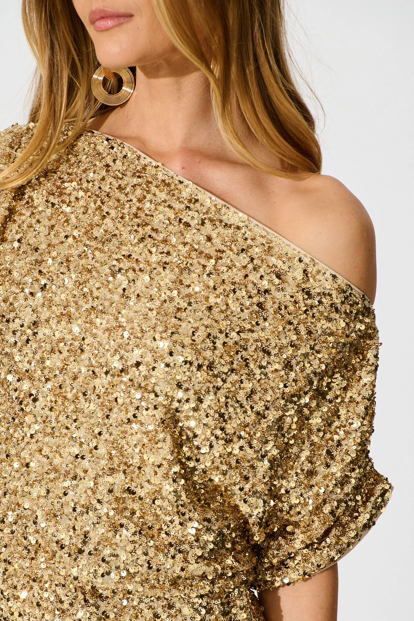 Shayla Off Shoulder Dress In Gold Sequin sold by St Frock product image thumbnail 5